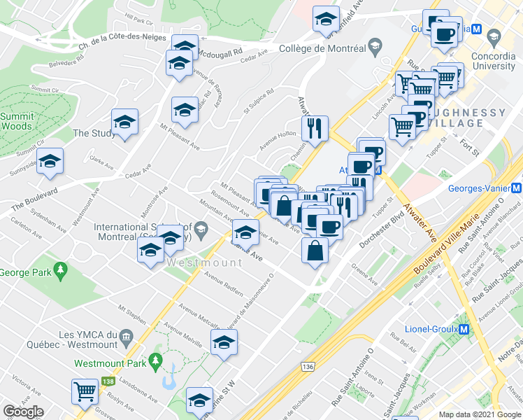 map of restaurants, bars, coffee shops, grocery stores, and more near 400 Avenue Mount Pleasant in Westmount