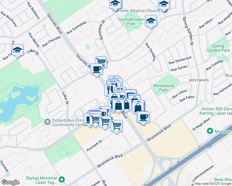 map of restaurants, bars, coffee shops, grocery stores, and more near 3627 Boulevard des Sources in Dollard-des-Ormeaux