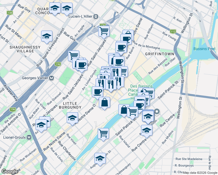 map of restaurants, bars, coffee shops, grocery stores, and more near 420 Rue Saint-Martin in Montréal