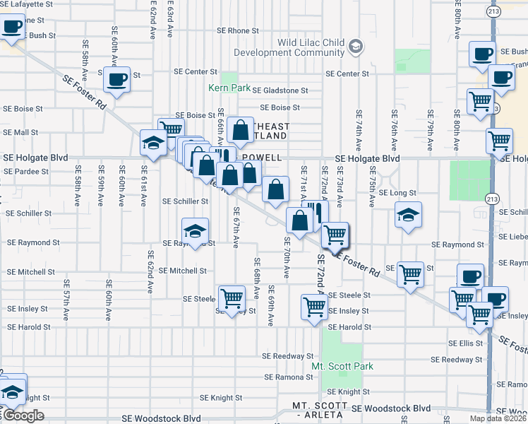 map of restaurants, bars, coffee shops, grocery stores, and more near 6904 Southeast Foster Road in Portland