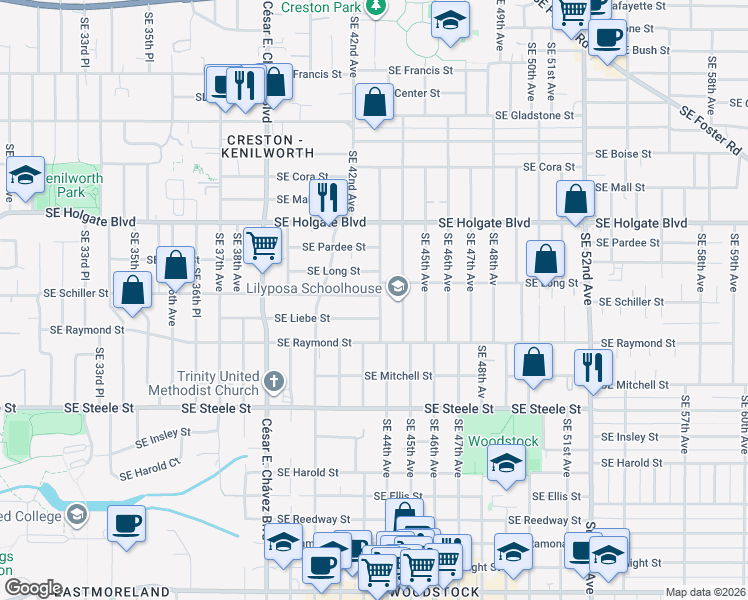 map of restaurants, bars, coffee shops, grocery stores, and more near 4830 Southeast 43rd Avenue in Portland