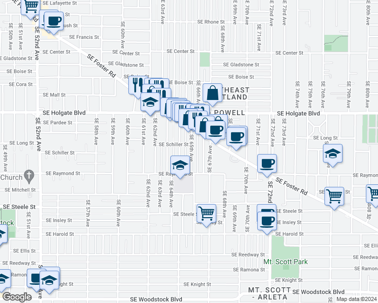 map of restaurants, bars, coffee shops, grocery stores, and more near 4825 Southeast 65th Avenue in Portland