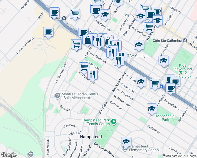 map of restaurants, bars, coffee shops, grocery stores, and more near 6396 Avenue Clanranald in Montréal