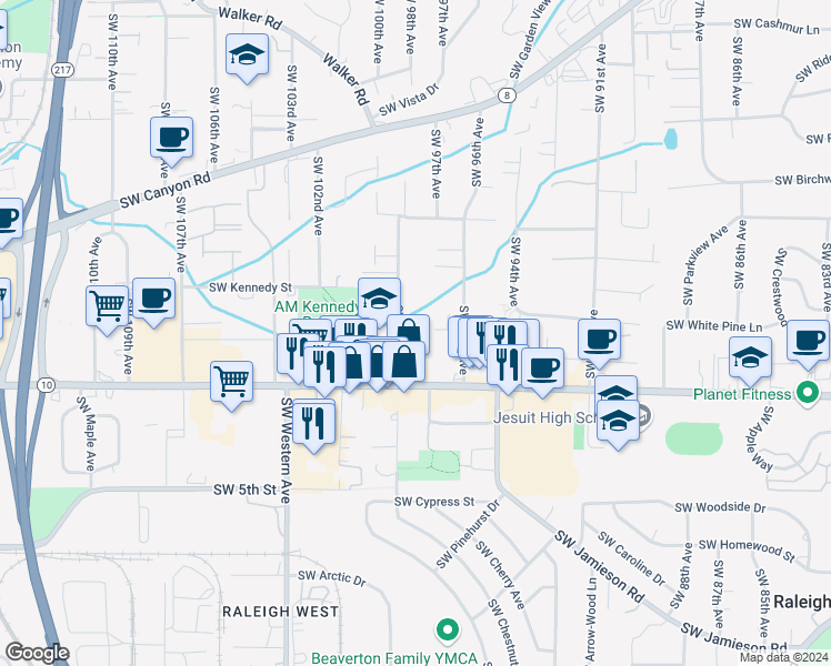 map of restaurants, bars, coffee shops, grocery stores, and more near 4420 Southwest 99th Avenue in Beaverton