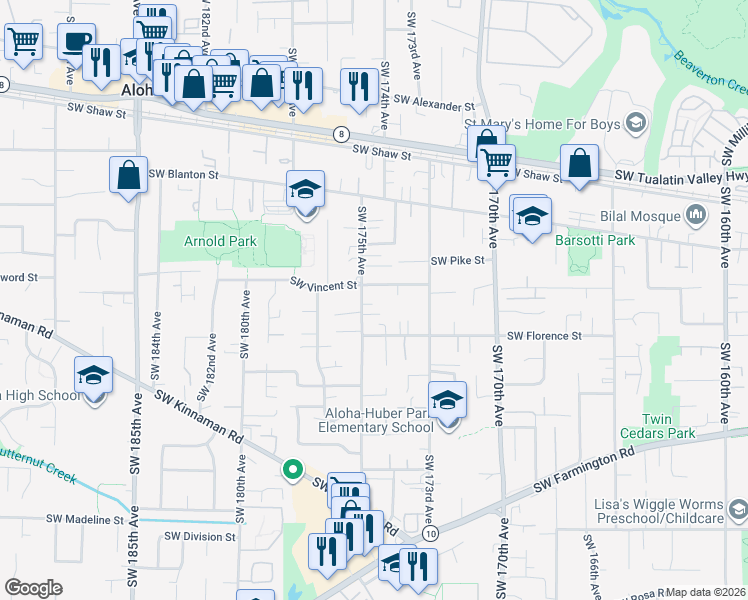 map of restaurants, bars, coffee shops, grocery stores, and more near 4455 Southwest Althea Lane in Aloha