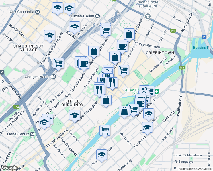 map of restaurants, bars, coffee shops, grocery stores, and more near 1824 Notre-Dame Street West in Montreal
