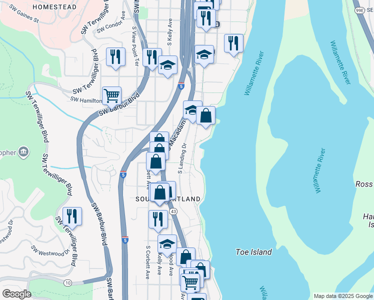 map of restaurants, bars, coffee shops, grocery stores, and more near 4940 South Landing Drive in Portland