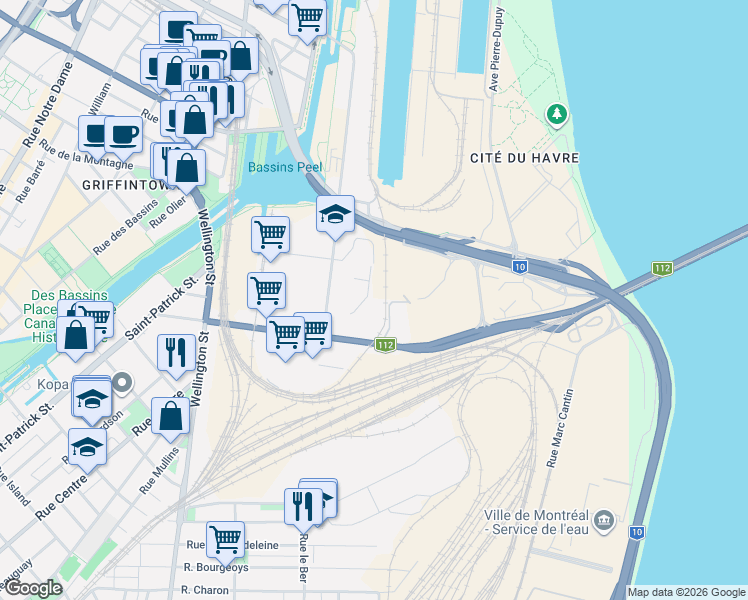 map of restaurants, bars, coffee shops, grocery stores, and more near in Montreal