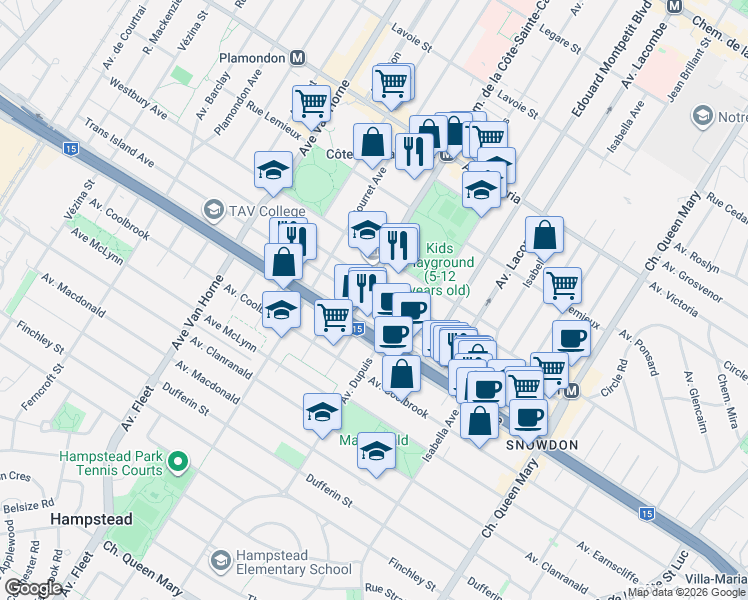 map of restaurants, bars, coffee shops, grocery stores, and more near 5565 Avenue Trans Island in Montréal