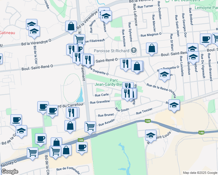 map of restaurants, bars, coffee shops, grocery stores, and more near Rue Saint Luc in Gatineau
