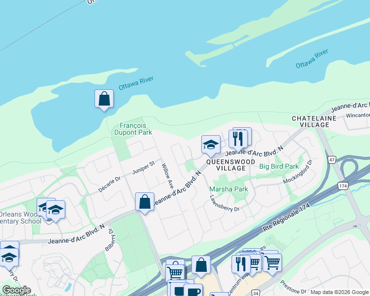 map of restaurants, bars, coffee shops, grocery stores, and more near 768 Vinette Crescent in Ottawa