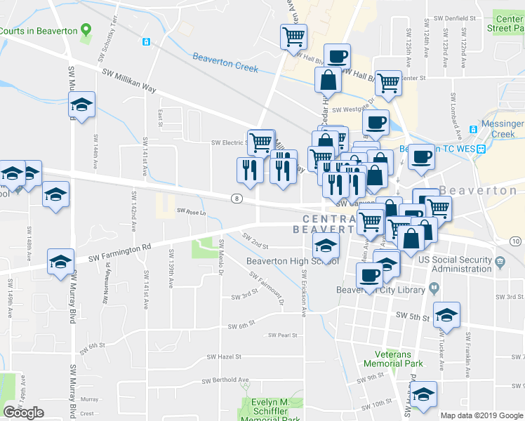 map of restaurants, bars, coffee shops, grocery stores, and more near 13355 Southwest Farmington Road in Beaverton