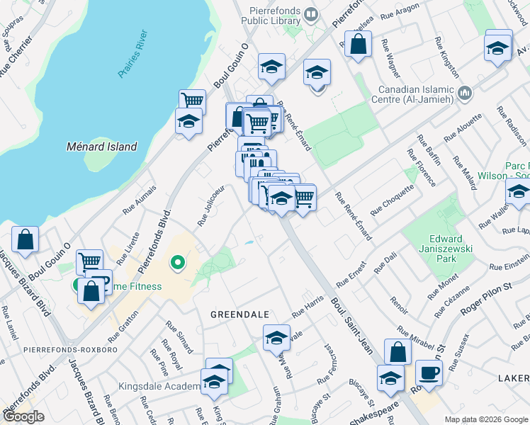 map of restaurants, bars, coffee shops, grocery stores, and more near 4720 Boulevard Saint-Jean in Montréal