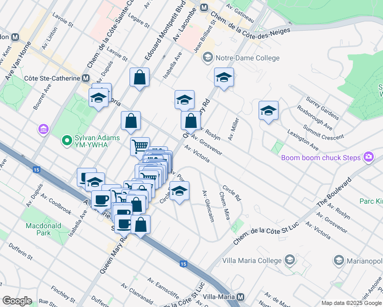 map of restaurants, bars, coffee shops, grocery stores, and more near 5038 Avenue Victoria in Montréal