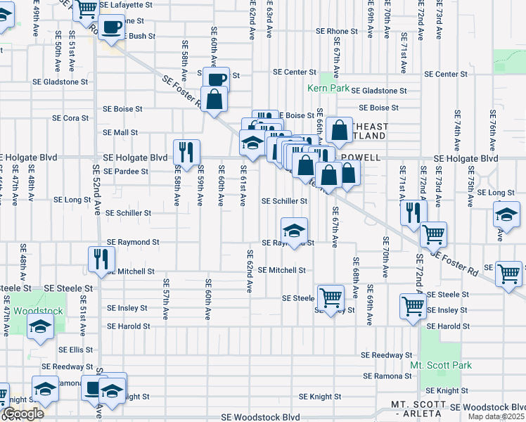 map of restaurants, bars, coffee shops, grocery stores, and more near 4826 Southeast 61st Avenue in Portland