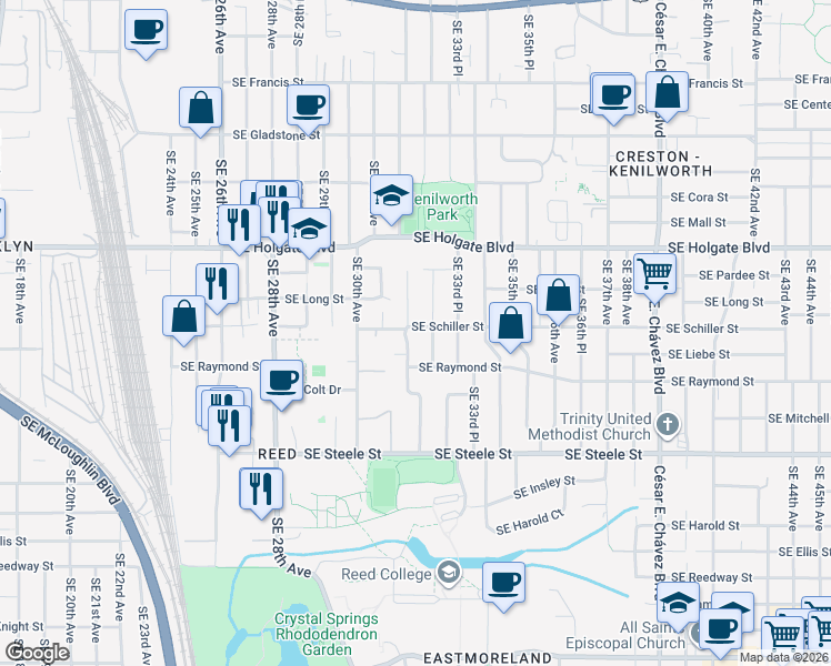 map of restaurants, bars, coffee shops, grocery stores, and more near 4905 Southeast 32nd Avenue in Portland