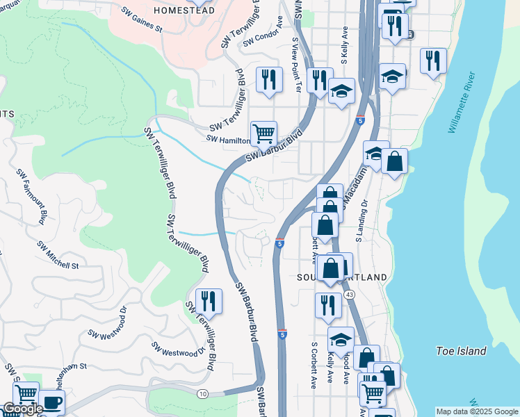 map of restaurants, bars, coffee shops, grocery stores, and more near 4944 Southwest Barbur Boulevard in Portland