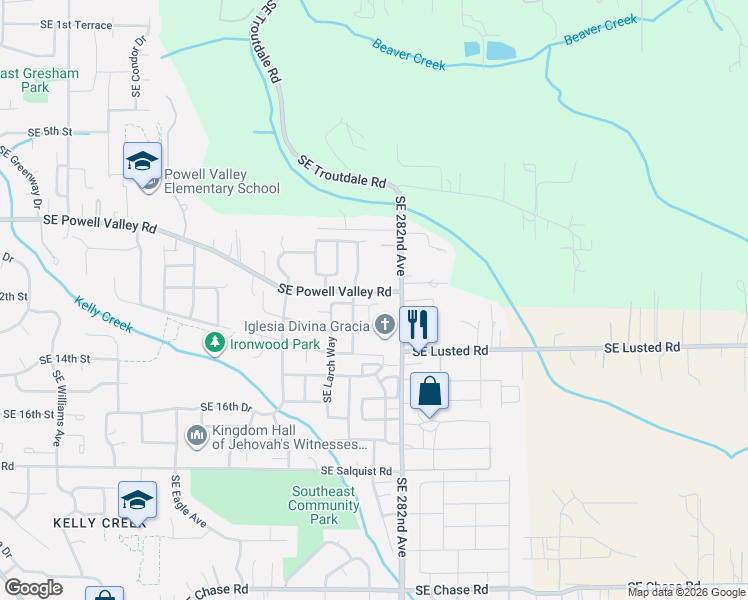 map of restaurants, bars, coffee shops, grocery stores, and more near 5887 Southeast Powell Valley Road in Gresham