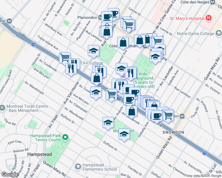 map of restaurants, bars, coffee shops, grocery stores, and more near 5745 Boulevard Décarie in Montréal