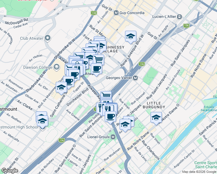 map of restaurants, bars, coffee shops, grocery stores, and more near 2214 Rue du Souvenir in Montréal