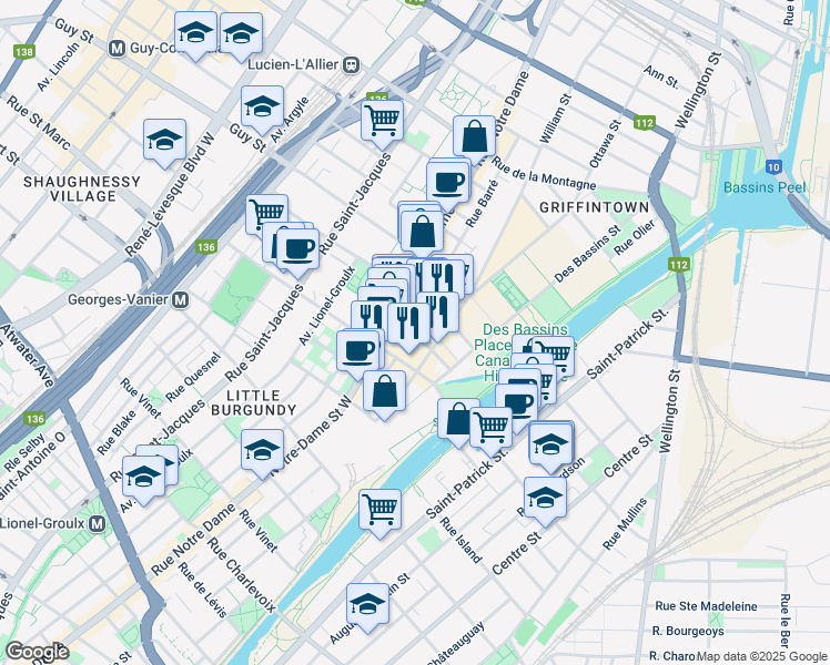 map of restaurants, bars, coffee shops, grocery stores, and more near 385 Rue Saint-Martin in Montréal