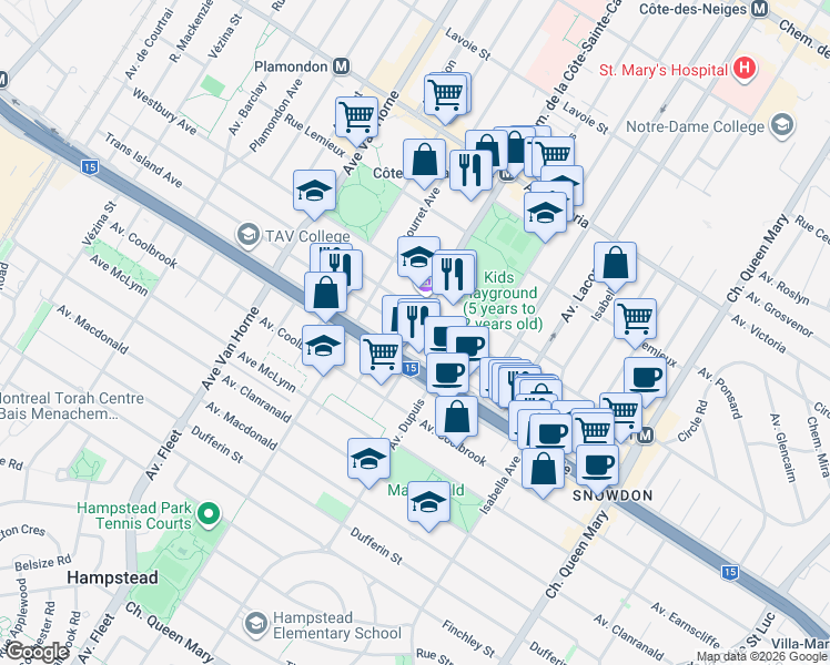 map of restaurants, bars, coffee shops, grocery stores, and more near 5565 Trans Island Avenue in Montreal