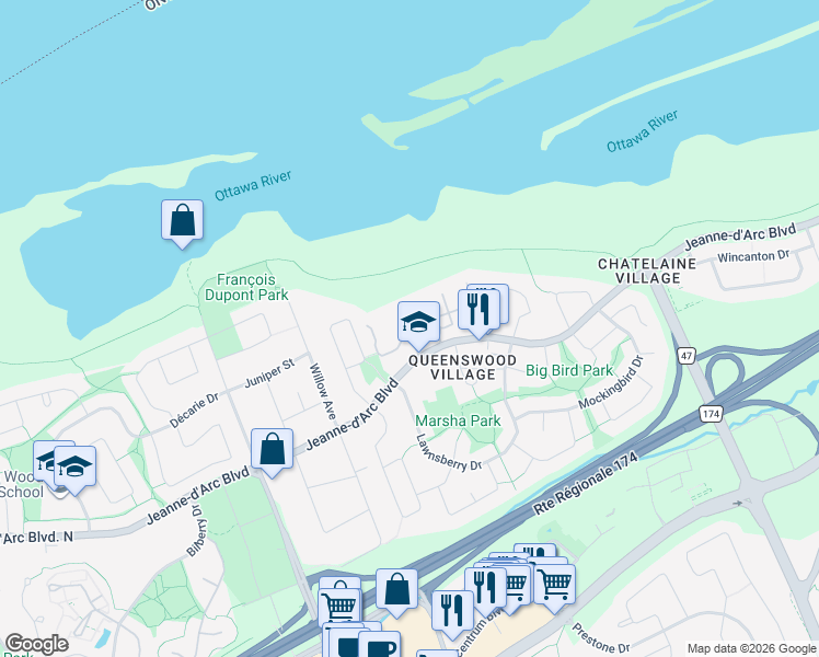 map of restaurants, bars, coffee shops, grocery stores, and more near Teal Crescent in Ottawa