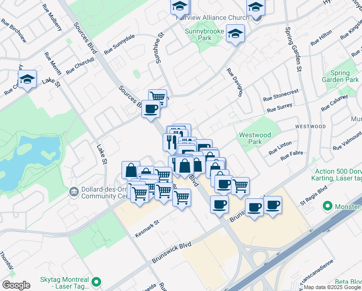 map of restaurants, bars, coffee shops, grocery stores, and more near 3627 Boulevard des Sources in Dollard-des-Ormeaux