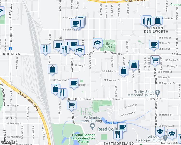 map of restaurants, bars, coffee shops, grocery stores, and more near 5012 Southeast 30th Avenue in Portland
