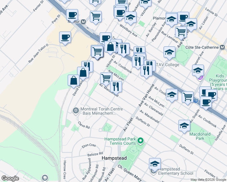 map of restaurants, bars, coffee shops, grocery stores, and more near 6535 Avenue Macdonald in Montréal
