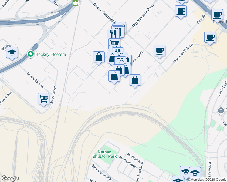 map of restaurants, bars, coffee shops, grocery stores, and more near 5796 Rue Ferrier in Mont-Royal