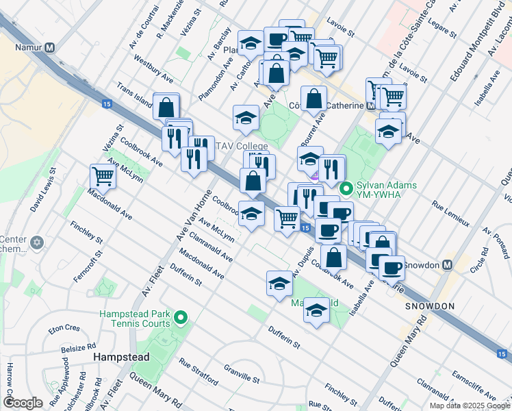 map of restaurants, bars, coffee shops, grocery stores, and more near 5832 Boulevard Décarie in Montréal