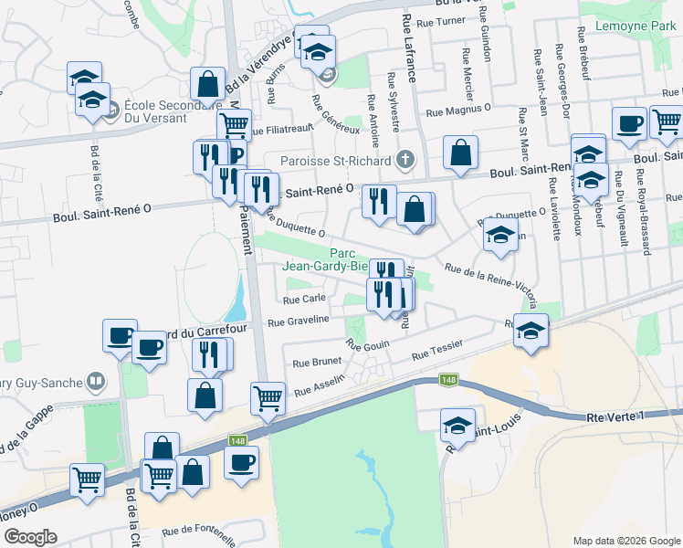 map of restaurants, bars, coffee shops, grocery stores, and more near 473 Rue Saint Luc in Gatineau