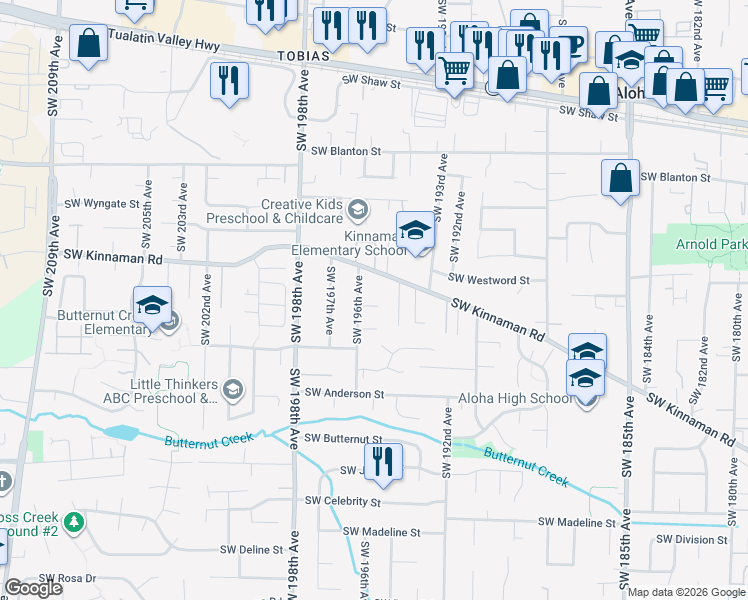 map of restaurants, bars, coffee shops, grocery stores, and more near 4390 Southwest 196th Avenue in Aloha