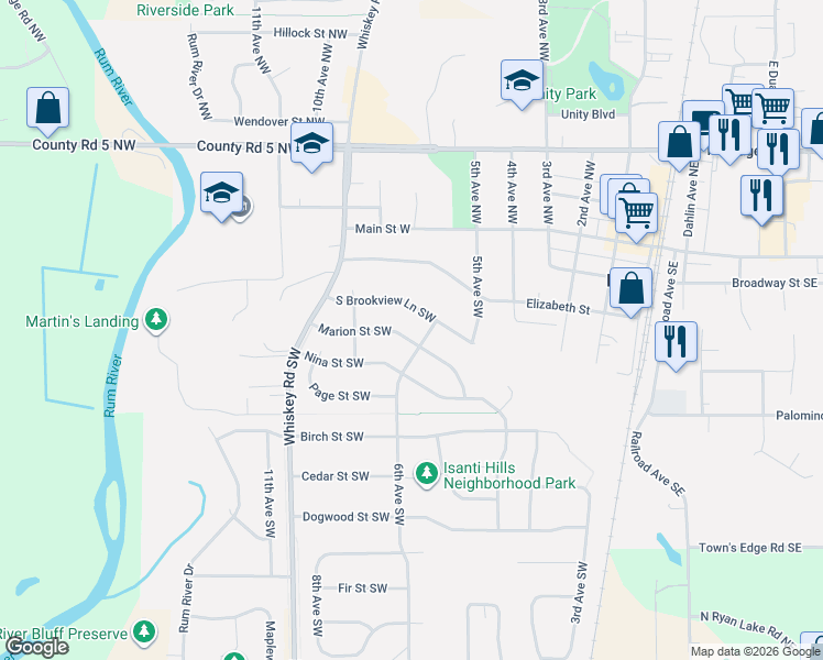 map of restaurants, bars, coffee shops, grocery stores, and more near 609 Marion Street Southeast in Isanti
