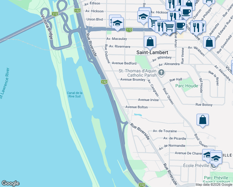 map of restaurants, bars, coffee shops, grocery stores, and more near 35 Rue Riverside in Saint-Lambert