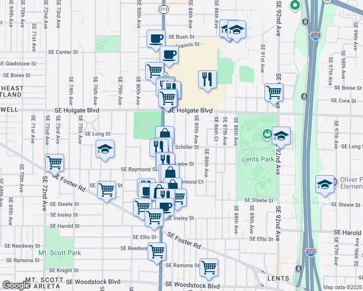 map of restaurants, bars, coffee shops, grocery stores, and more near 8321 Southeast Schiller Street in Portland