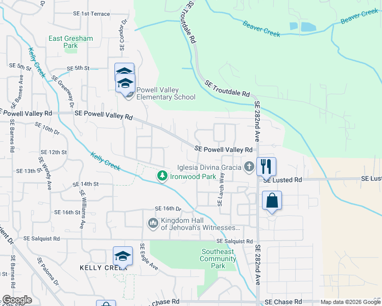 map of restaurants, bars, coffee shops, grocery stores, and more near 5323 Southeast 13th Court in Gresham