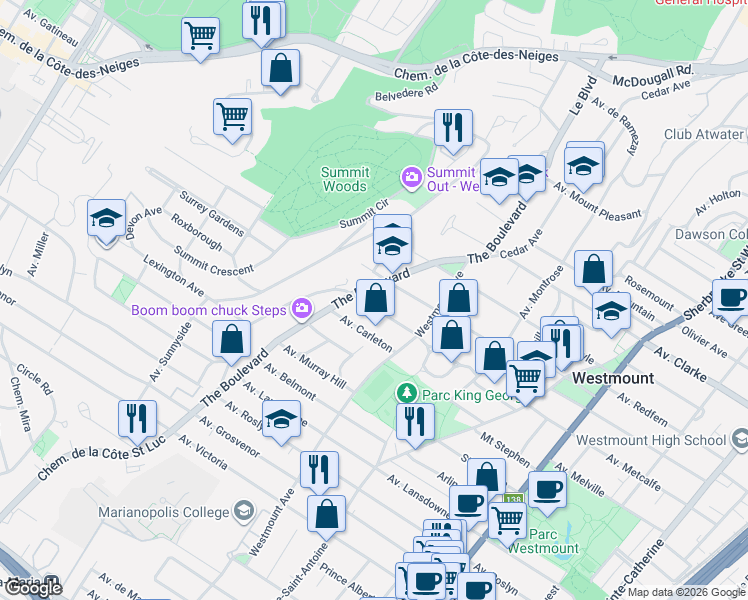 map of restaurants, bars, coffee shops, grocery stores, and more near 637 Avenue Sydenham in Westmount