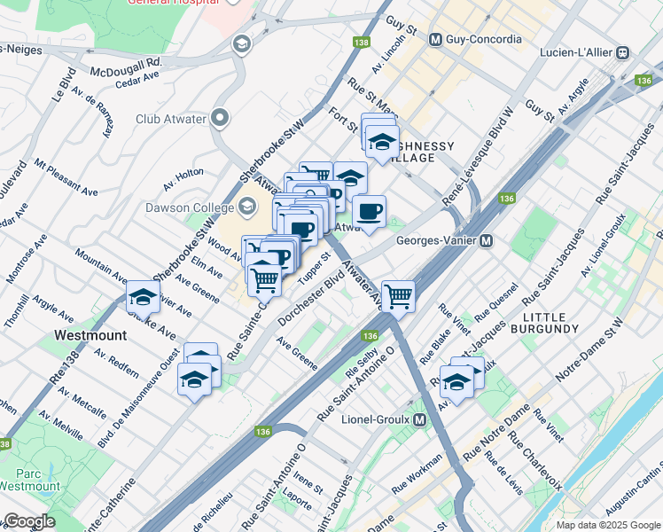 map of restaurants, bars, coffee shops, grocery stores, and more near 1100 Avenue Atwater in Westmount