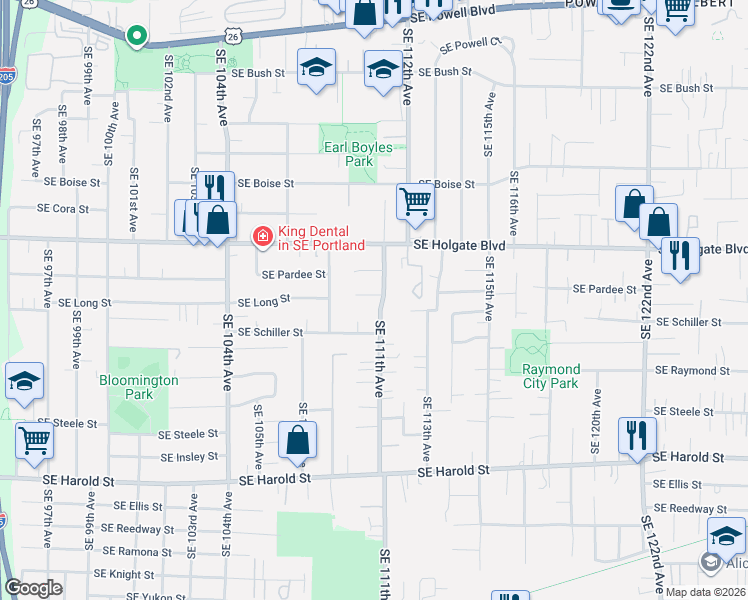 map of restaurants, bars, coffee shops, grocery stores, and more near 10939 Southeast Schiller Street in Portland