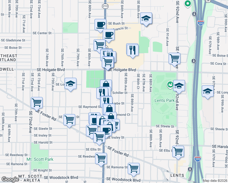 map of restaurants, bars, coffee shops, grocery stores, and more near 8305 Southeast Schiller Street in Portland