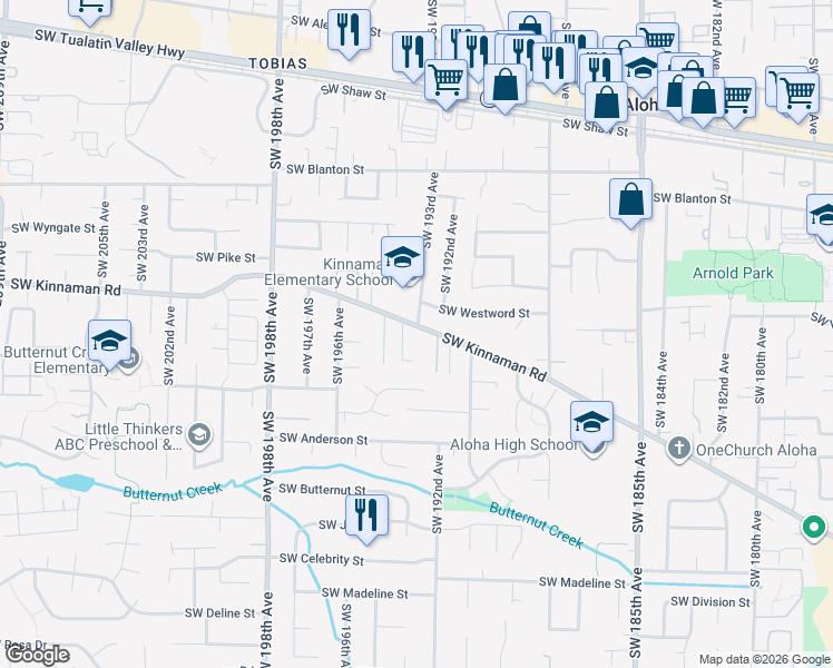map of restaurants, bars, coffee shops, grocery stores, and more near 19220 Southwest Kinnaman Road in Beaverton
