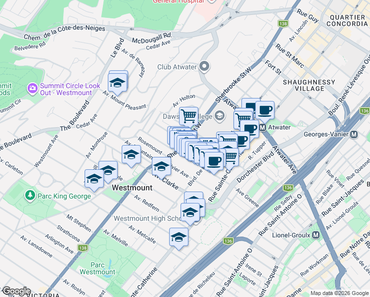 map of restaurants, bars, coffee shops, grocery stores, and more near 4160 Sherbrooke Street West in Westmount