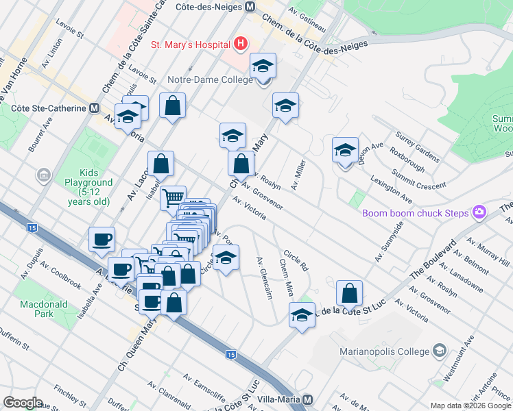 map of restaurants, bars, coffee shops, grocery stores, and more near 5013 Avenue Victoria in Montréal