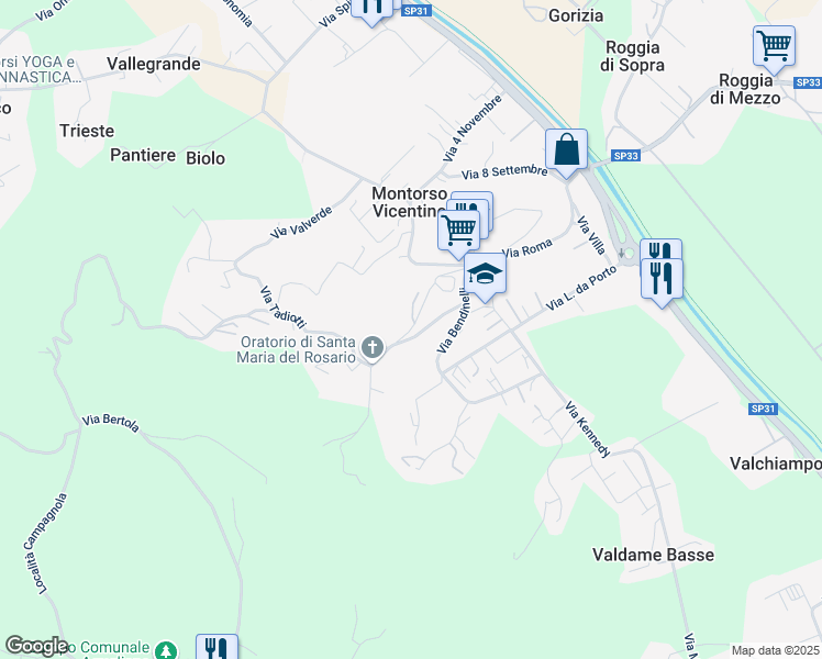 map of restaurants, bars, coffee shops, grocery stores, and more near 27 Via Pasubio in Montorso Vicentino