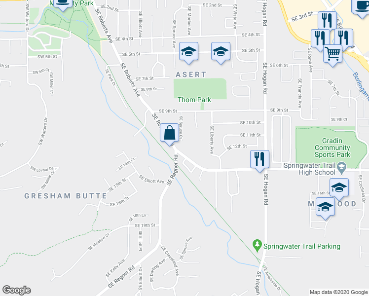 map of restaurants, bars, coffee shops, grocery stores, and more near 1245 Southeast Roberts Avenue in Gresham