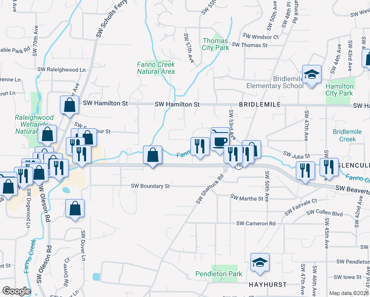 map of restaurants, bars, coffee shops, grocery stores, and more near 5803 Southwest Beaverton Hillsdale Highway in Portland