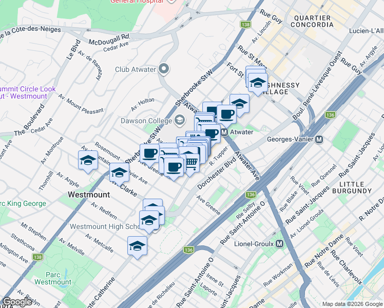 map of restaurants, bars, coffee shops, grocery stores, and more near 1 Wood Avenue in Westmount