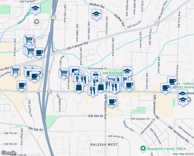 map of restaurants, bars, coffee shops, grocery stores, and more near 10470 Southwest Laurel Road in Beaverton